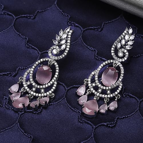 Image of ZENEME Rhodium-Plated American Diamond Studded Oval & Leaf Shaped Drop Earrings For Girls and Women
