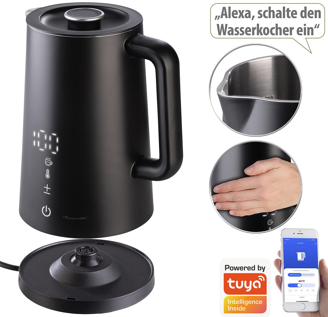 Rosenstein & Söhne Bollitore elettrico smart WLAN 1,7 l Cool-Touch con controllo app, display LED e selezione temperatura, nero