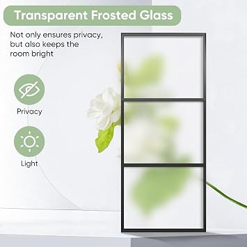 BARNSMITH 64in x 84 in Double Glass Barn Door with 11FT Top Mounted Hardware kit Soft Close, Black Carbon Steel Tempered Frosted Glass Sliding Interior Double Barn Door