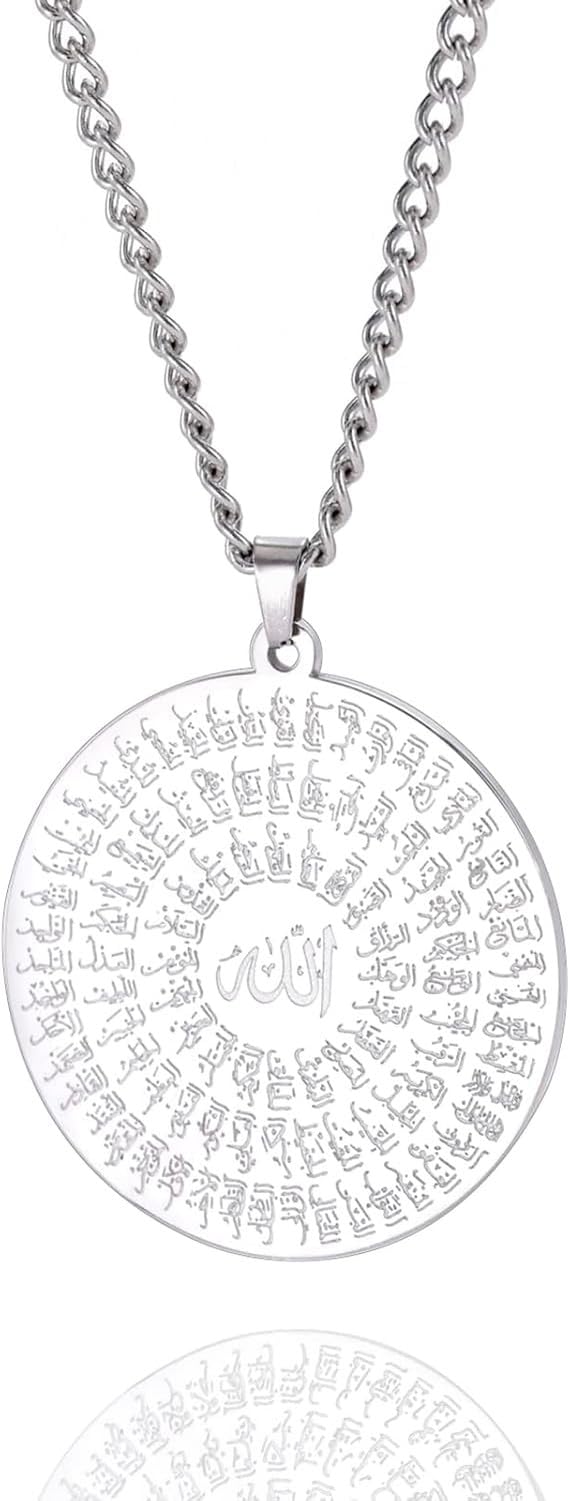 GIOFEOIK Muslim Allah Pendant Necklace Islamic Quran Charm Gold Silver Chain for Men Women Ayatul Kursi Zircon Stone Religious Jewelry Eid Gift Faith, Steel a