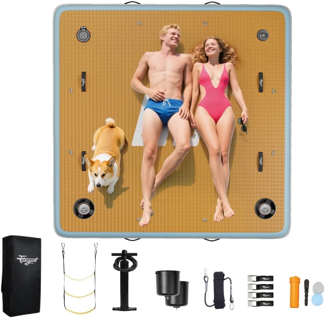 7x7FT Inflatable Dock Floating Platform for 3-5 Adults | Detachable Cup Holder | Action Camera Mount | 12mm EVA Non-Slip Foam | Raft for Pool/Beach/Ocean/Boat