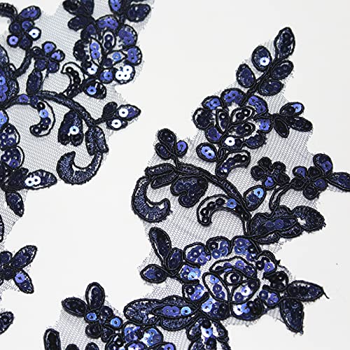 SUNMOVE Pair of Embroidery Sequin Lace Applique Sewing Flower Fabric Collar Patch Motif Wedding Gown Dress Bridal DIY Crafts (Navy)