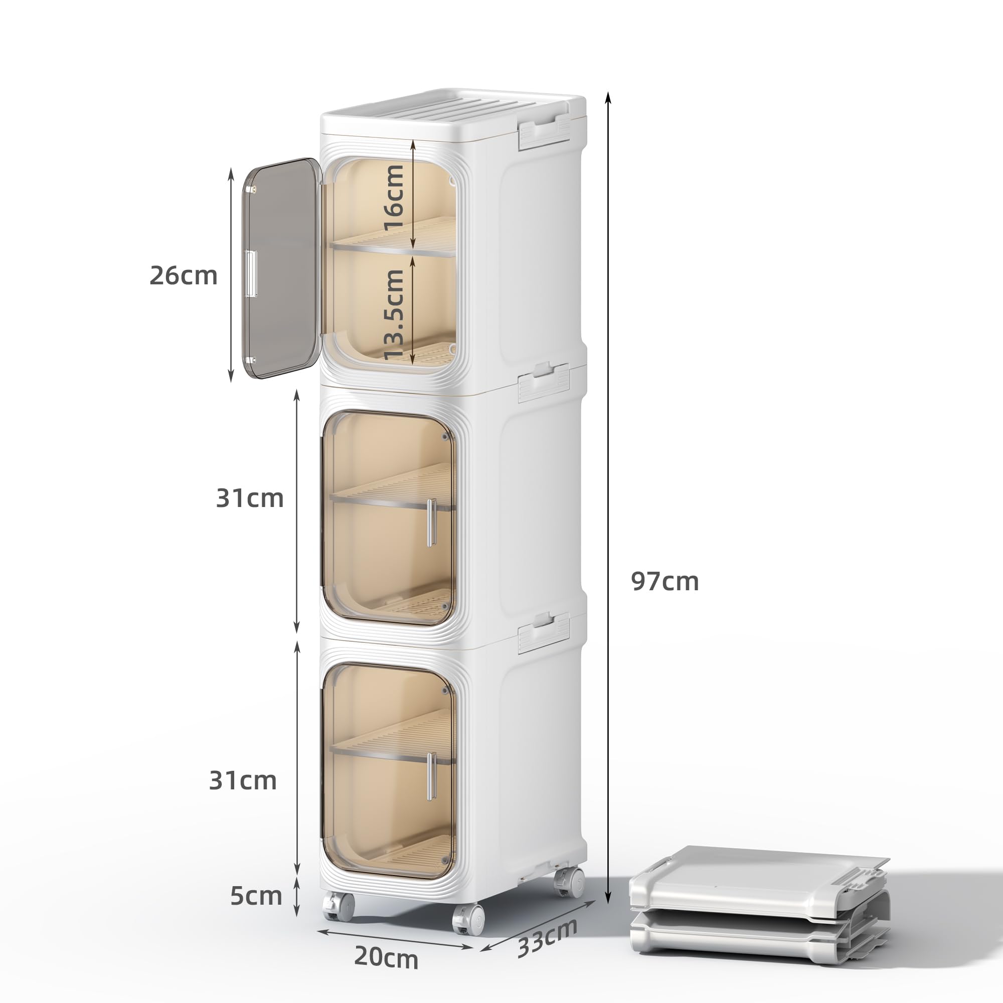 NETEL 3 Niveaux Boite Rangement Plastique，Colonne salle de bain avec séparateurs amovibles，Meuble de Rangement pour Toilette, rangement wc etroit， 20 x 33 x 97 cm, Blanc