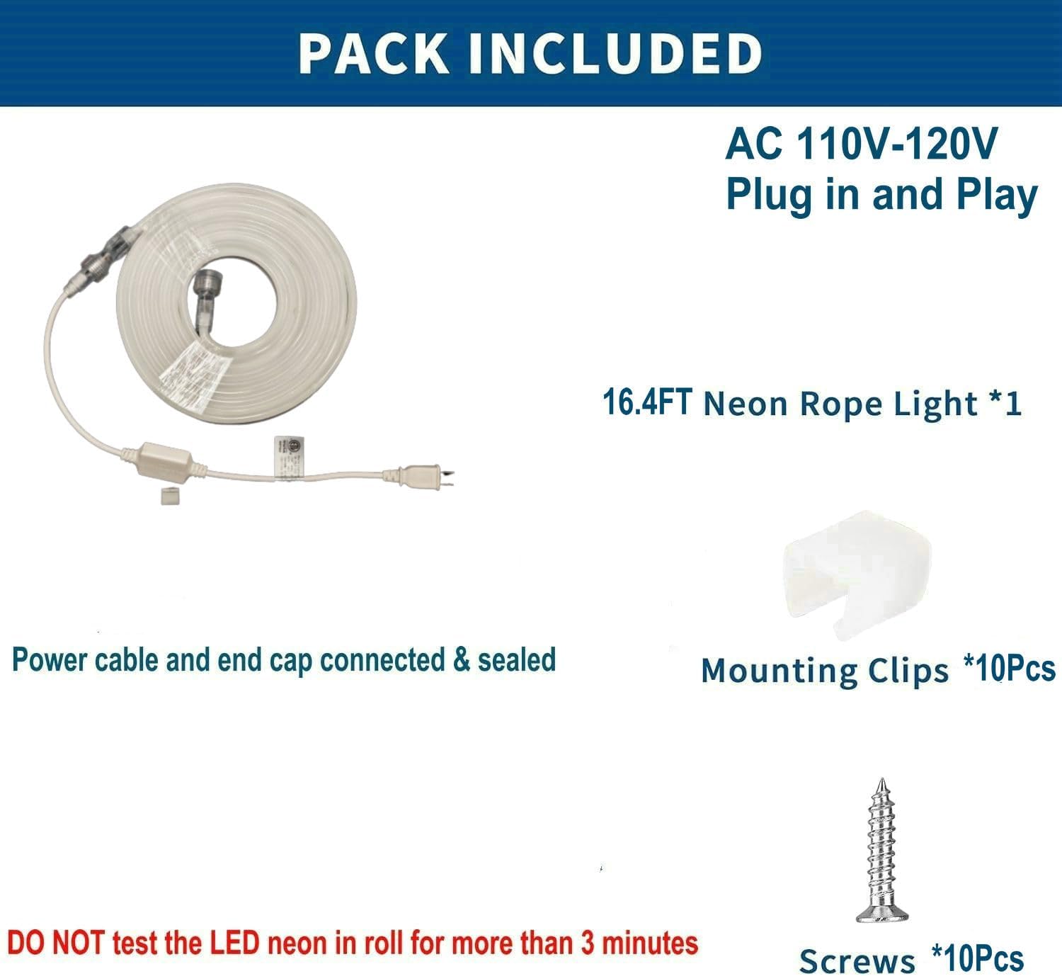 FORT AC110V 120V LED Neon Rope Lights Connectable, 16.4FT Flexible Neon LED Strip Light Cool White Outdoor Waterproof, ETL Plug-n-Play Neon String Lighting 120LED/M for Home Commercial ETL FCC