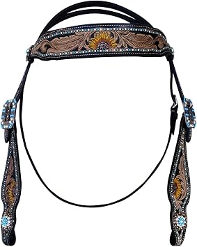Majestic Ally Hand-Tooled Designer Padded Leather Horse Browband Headstall Breastcollar Set, Browband Headstall, Breastcollar Headstall