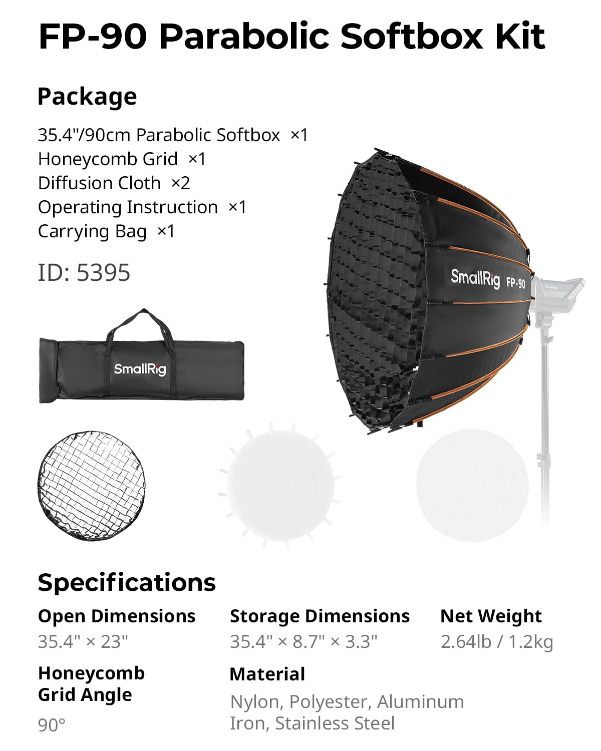 SmallRig FP-90 - Softbox parabolico 35,4" con supporto Bowens per fotografia da studio, softbox a cambio rapido con griglia a nido d'ape, diffusori, per SMALLRIG RC 220 Pro, per Neewer per Godox per