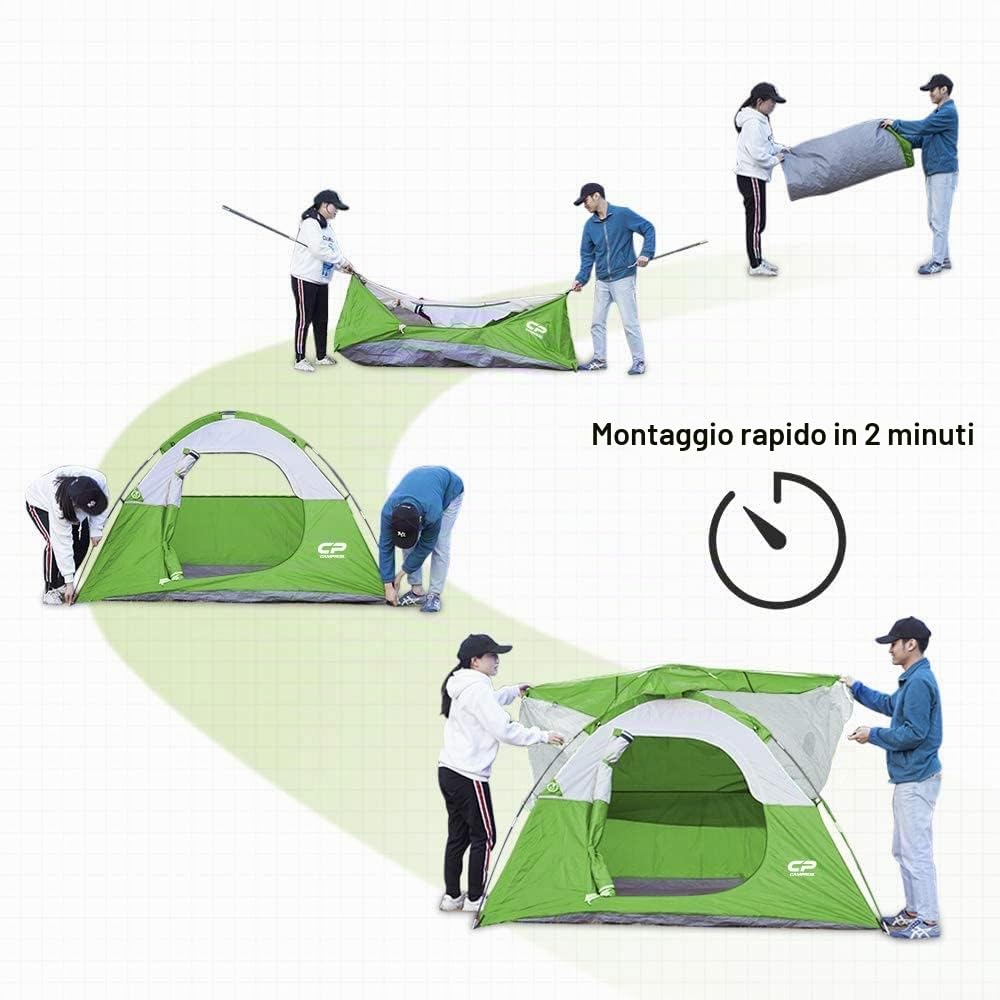 CAMPROS CP Tenda Campeggio 3-4 Posti Impermeabile, Tenda da Campeggio Familiare 213x213x122cm, Tenda a Cupola con Zanzariera e Doppio Strato, Montaggio Rapido, Leggera per Camping, Trekking e Festival