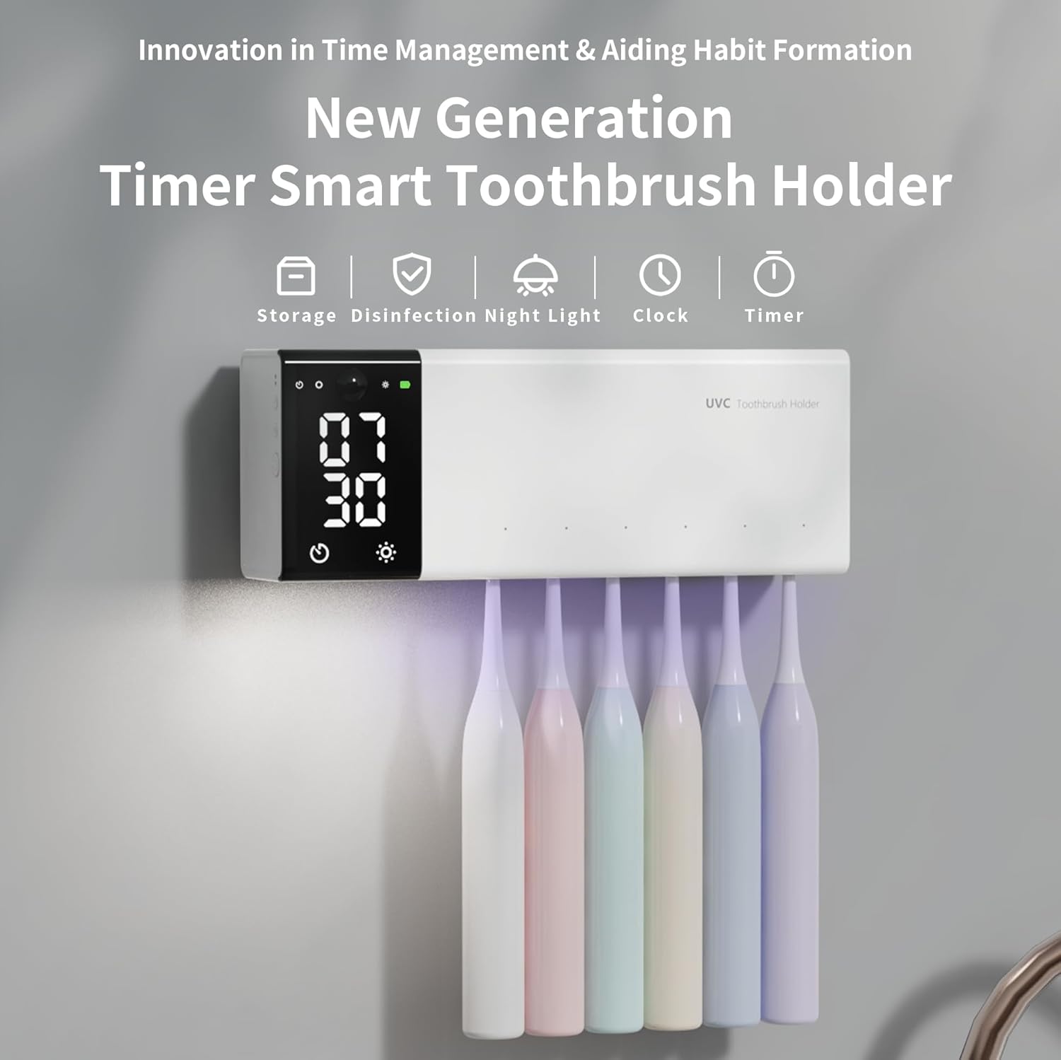 UV Toothbrush Holder Wall Mounted for Bathrooms | Smart Tooth Brush Sanitizer and Holder | Dual Toothbrush Stands | Sterilizer and Hot Air Drying | LED Clock Display, Motion Sensor, Bathroom Decor - Image 2
