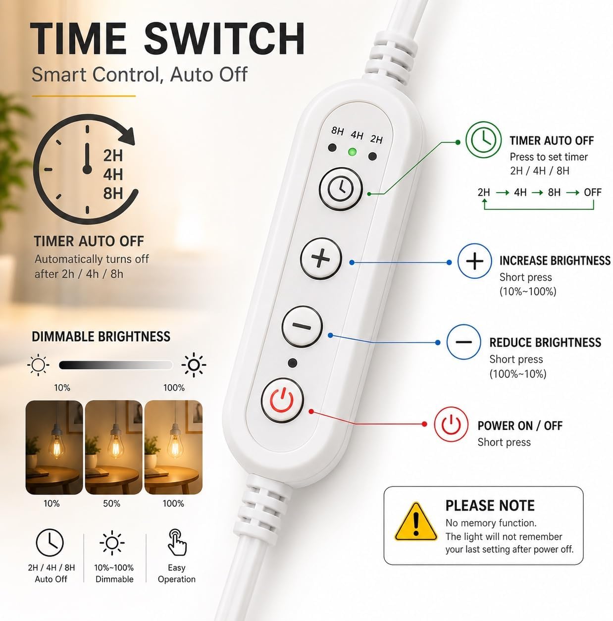 Pendant Light Cord with E26/E27 Socket, 15FT Extension Cable, Stepless Dimming, 2/4/8H Timer, On/Off Switch, Lampshade Holder – Hanging Light Kit for DIY Pendant Lamp, Plug in Pendant Lighting – White