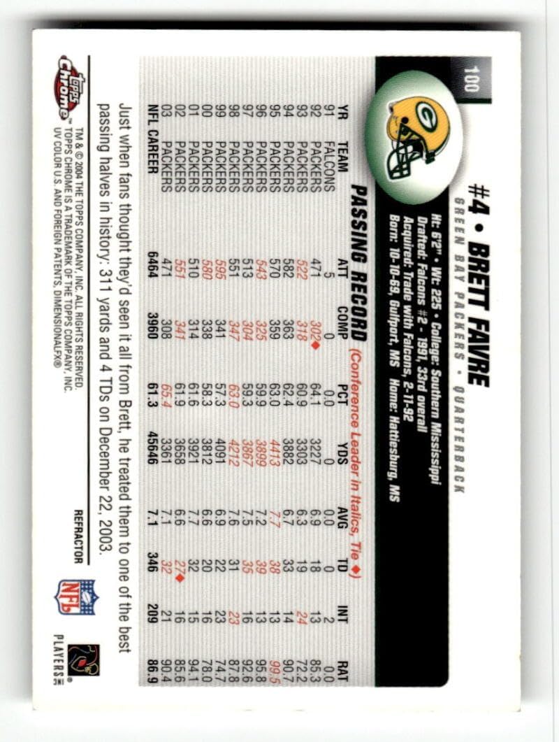 2004 Topps Chrome Refractor #100 Brett Favre Green Bay Packers NFL Football Trading Card