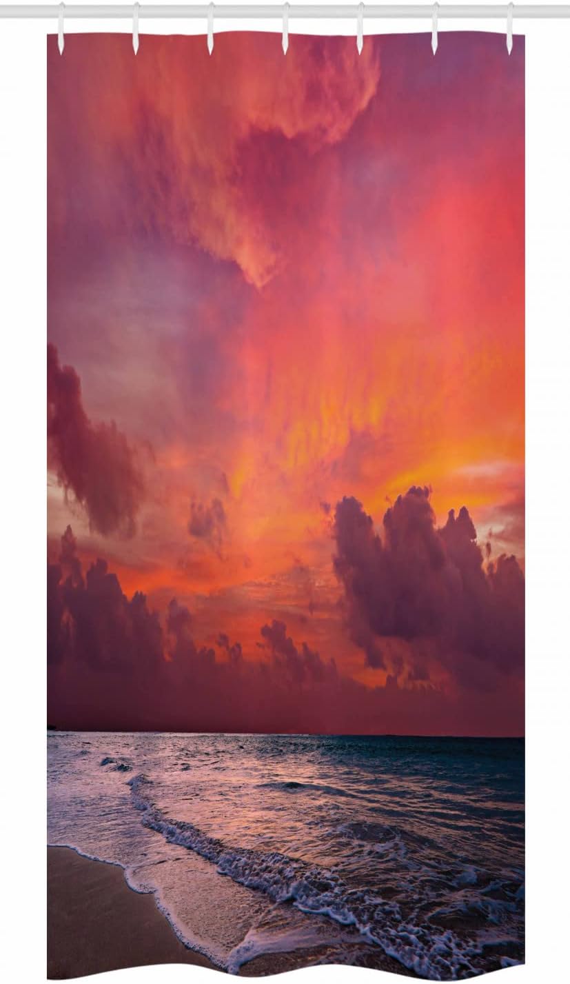 Ambesonne Balinese Stall Shower Curtain, Calm Ocean Shoreline on Tropical Sunrise. Bali Indonesia Wavy Sunbeams Scenic, Fabric Bathroom Decor Set with Hooks, 36" W x 72" L, Pink Orange Tan