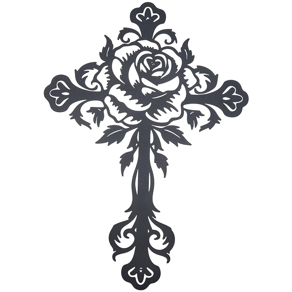 Crucifix mural noir haut de gamme DICOSMETIC, sculpture florale en fer forgé durable