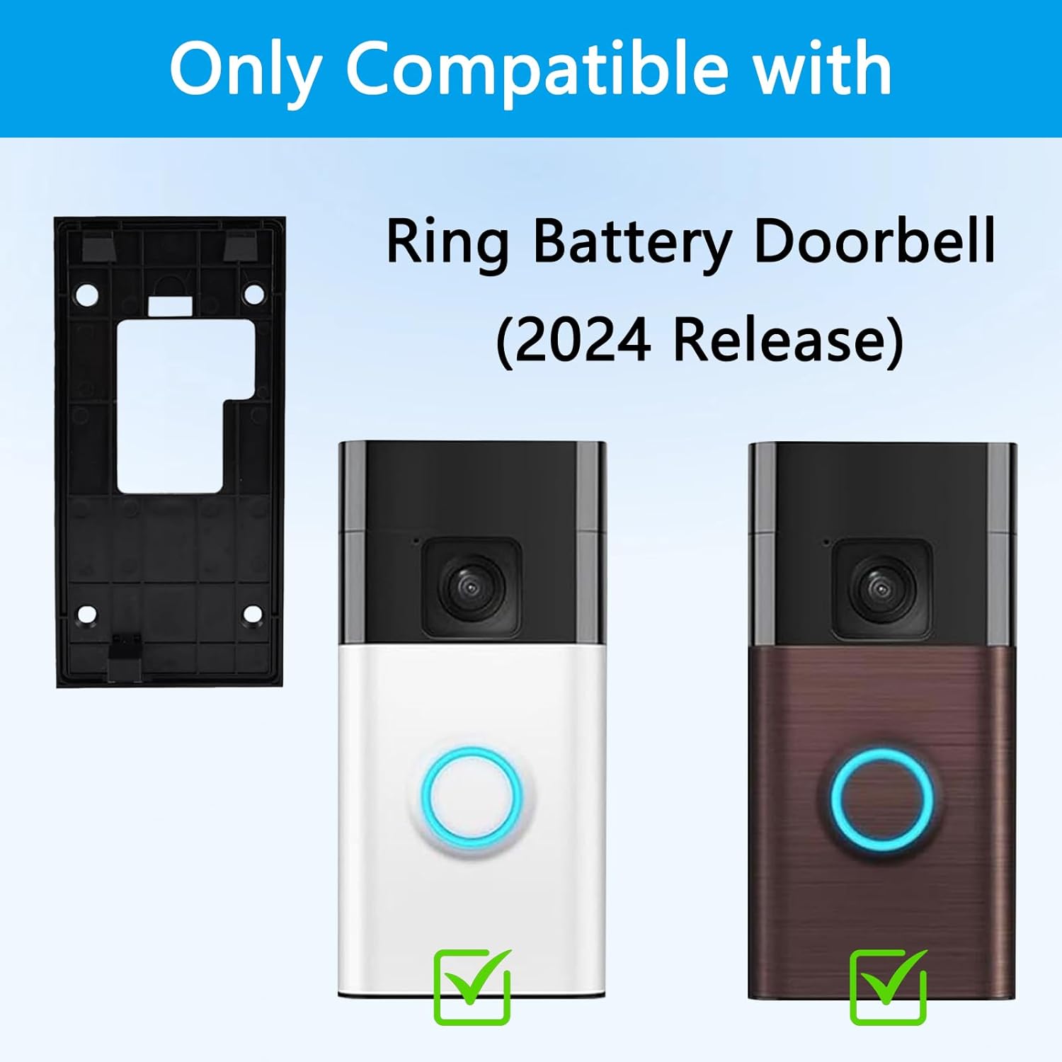 No Drill Doorbell Adhesive Mount Compatible with Ring Battery Doorbell (2024 Release), Doorbell Backplate Mounting Bracket for Apartments Office Houses, 2 Pack Double Sided Tape, 1 Pack Doorbell Key