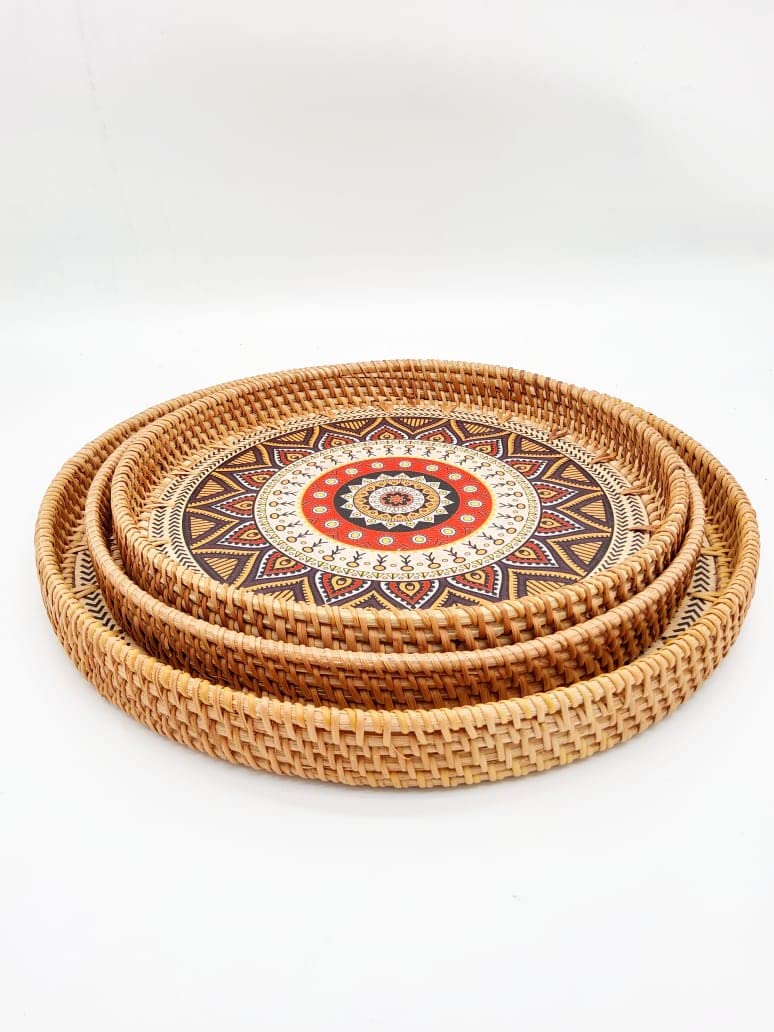 Rattan Serving Tray, Round Woven Wicker Basket Natural Woven Handmade Storage for Serving Dinner, Parties, Breakfast, Coffee Tea, Drinks, Snack, Set of 3 (Big Set (35x 35 x6 CM), Multicolor)
