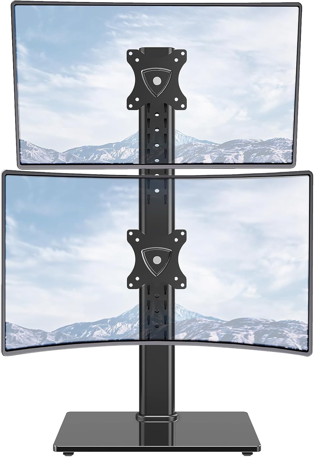 MOUNTUP Vertical Dual Monitor Stand with two monitors stacked vertically.