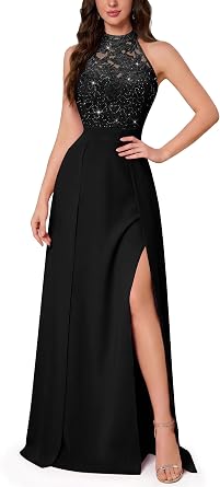 Miusol Womens A-Line Halter Sequin Lace High Split Chiffon Bridesmaid Gown
