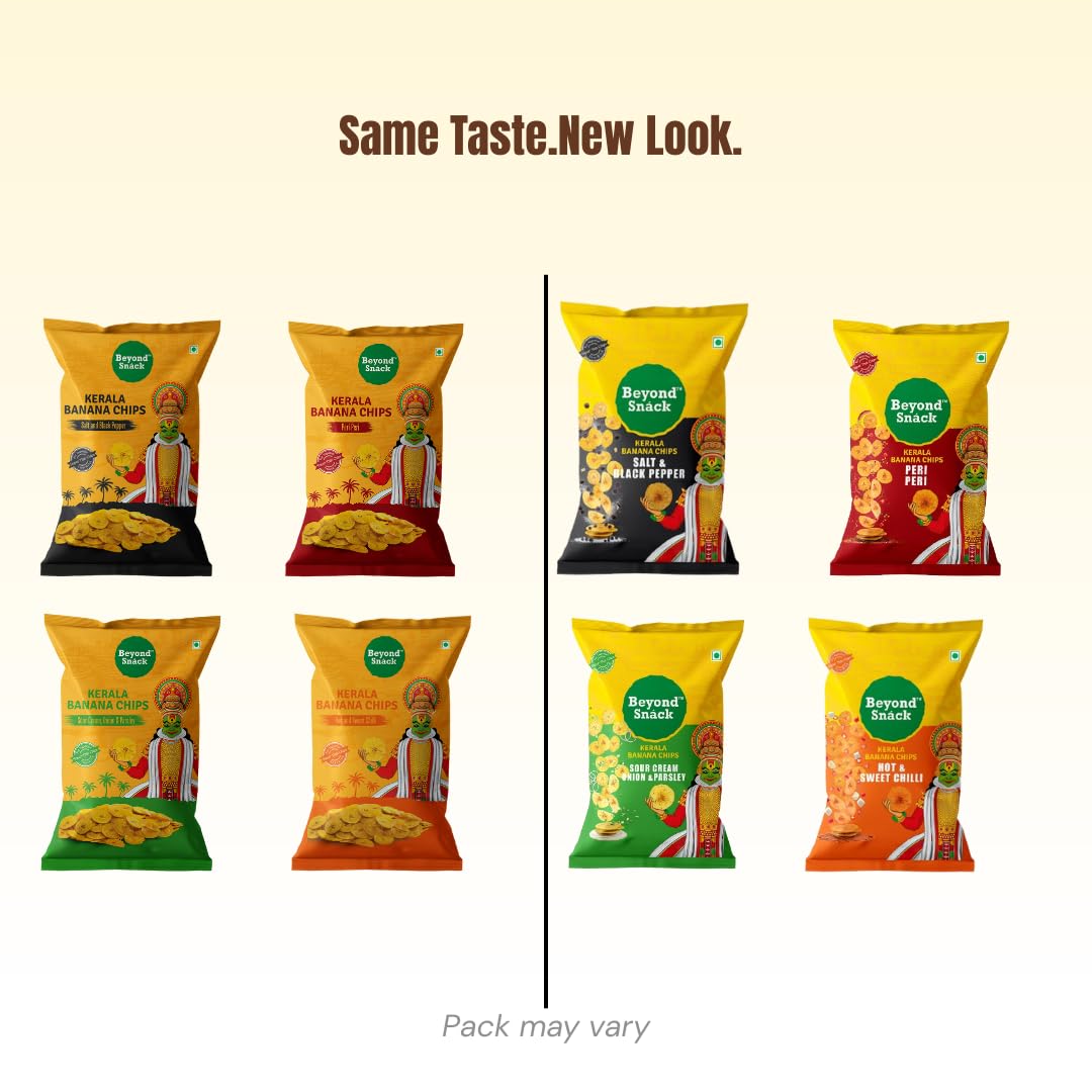 Beyond Snack Nendran Kerala Banana Chips | Combo pack (Original Salted, Desi Masala , Salt and Pepper,Peri Peri, Sour Cream Onion Parsley, Hot and Sweet Chilli )| Thin Crunchy Crispy Snack |600g (100g*6packs) 1