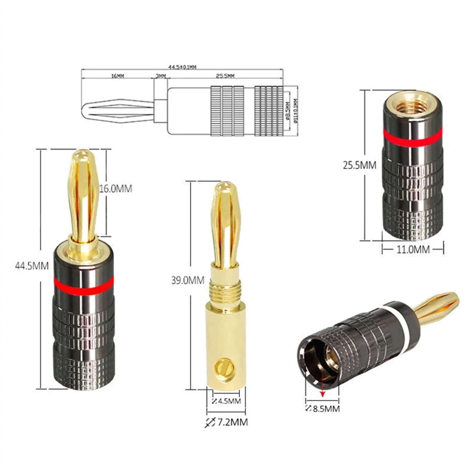 Wtyczka bananowa 4 mm do kabla głośnikowego, podwójne śruby, złącza audio i wideo z miedzi, pozłacane 24 K, wtyczka do kabla głośnikowego (6 sztuk)