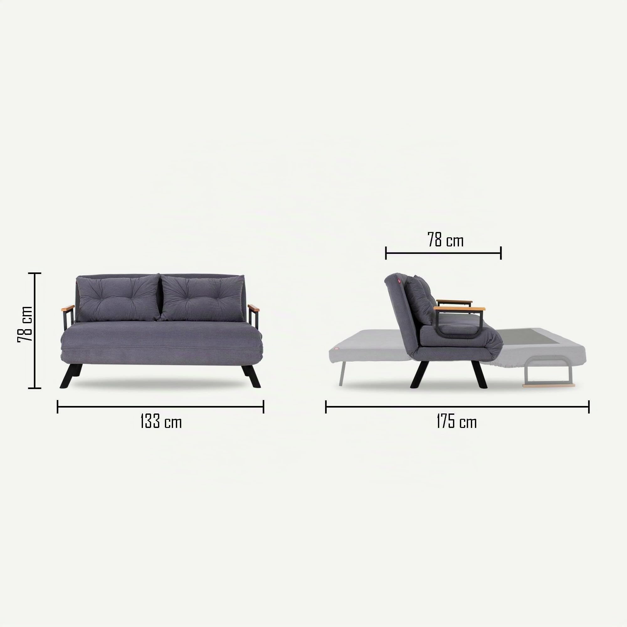 Dmora - Divano Letto 2 posti Merak, Sofà trasformabile, Divanetto per Ospiti, Poltrona Letto, 133x78 h78 cm, Grigio Scuro
