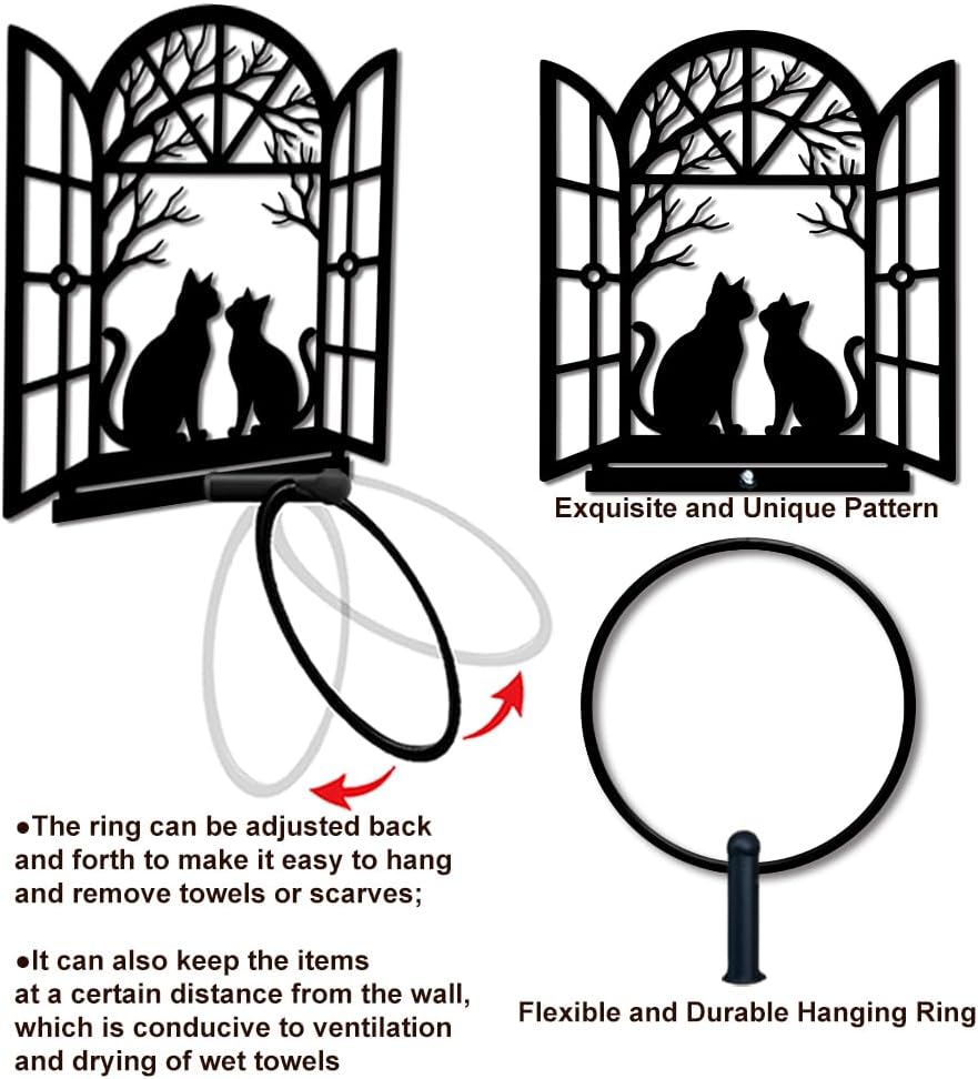 MAYJOYDIY Cat Shape Metal Towel Ring Round Window Cat Hand Towel Holder Ring Hanger Black Vintage Towels Wall Organizer for Kitchen Bath Home Laundry Room Decors Gifts image 4