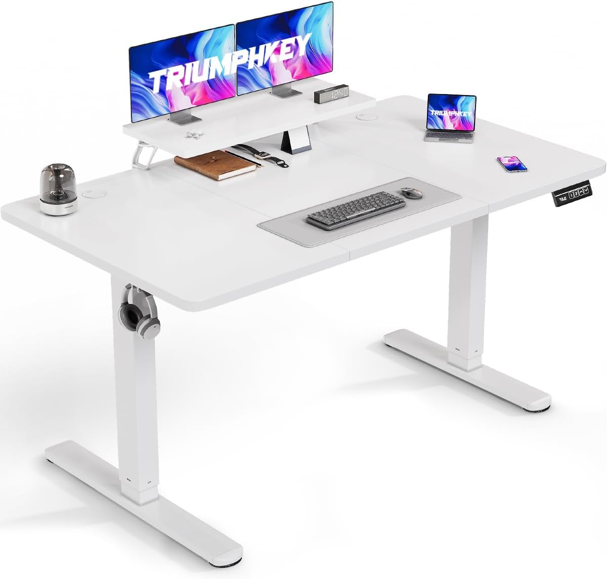 140x60cm Electric Standing Desk Height Adjustable Desk With Monitor Hooks Stand Storage Shelf Home Office Sit Stand Study Table With Memory Smart Panel(White)