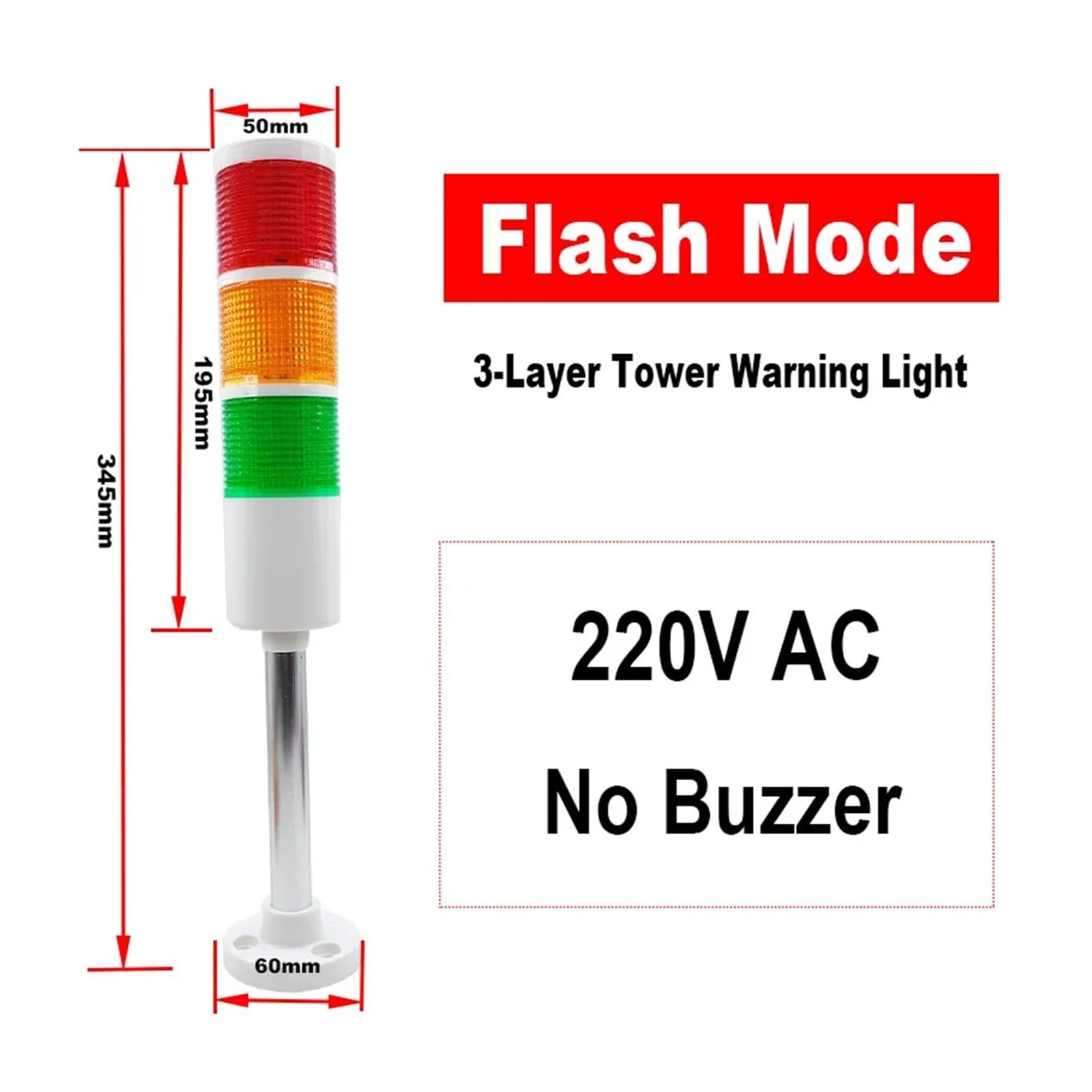 Torretta luminosa di segnalazione a LED 50 mm Rosso, giallo, verde, 12 V/24 V 220 V, sempre luminoso o lampeggiante Cicalino a tre strati(WHITE)