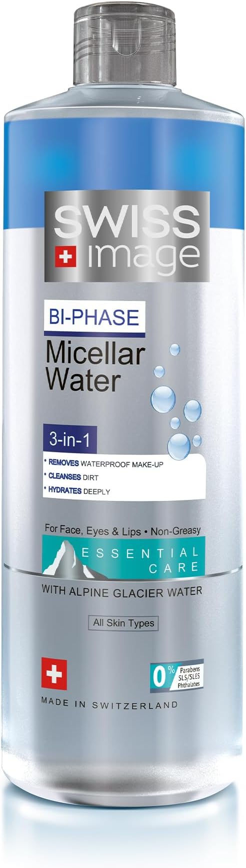 Swiss Image Bi-Phase Micellar Water 400 ml | 3-in-1 Makeup Remover for Face, Eyes & Lips | Non-Greasy, Removes Makeup, Hydrates & Refreshes & No-Rinse Formula | All Skin Types | Swiss Made