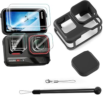 Compatible for Insta360 Ace Pro 2 Screen Protector,Black Silicone Case Kit Premium Tempered Glass Screen Protective and Lens Protection Film & Silicone Camera Lens Protectors with Camera Case
