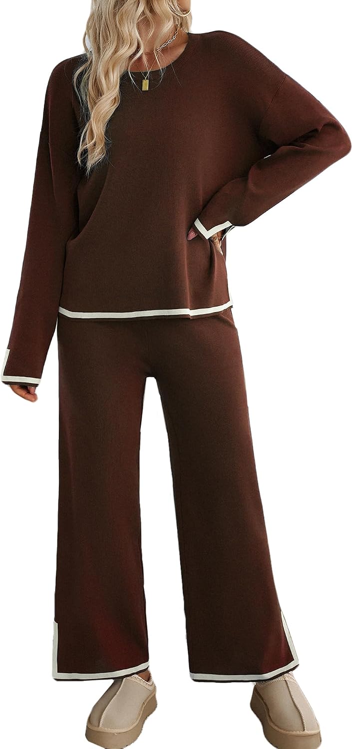 MessBebe Womens 2 Piece Sweatsuit Outfits Knit Sweater Top Wide Leg Pants Lounge Sets Tracksuits Set