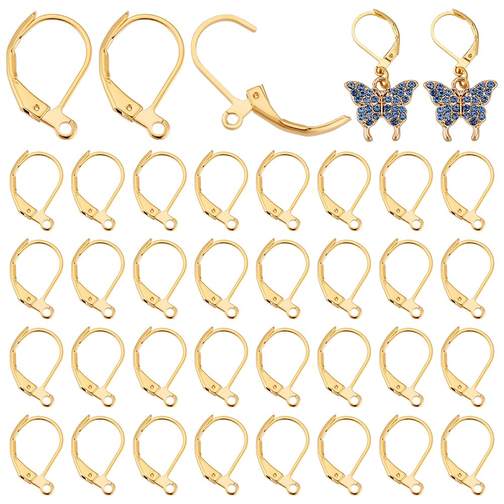 PH PandaHall 50pcs Leverback Earring Hooks, 18K Golden Plated Earring Finding Hook Dangle Ear Wires Lever Back Earring Hooks with Loop for Men Women Earring Jewelry Making, 15x10x2mm