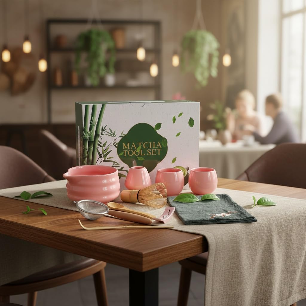 Matcha Tool Set, 10 Piece Traditional Japanese Tea Ceremony Kit with Bamboo Whisk, Ceramic Bowls, Cups, Strainer, Spoons, Holder and Cloth (pink)