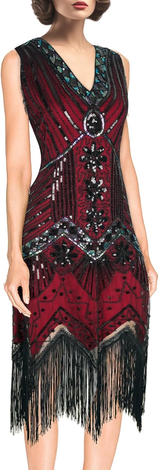Women's 1920s Flapper Dress Vintage Lace Fringed Gatsby Cocktail Dress with 20s Accessories Set - Image 4