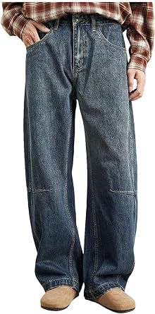 MenS Retro Wide Leg Jeans Loose Fit Straight Cut Trousers Casual Denim Pants with A Distressed Wash