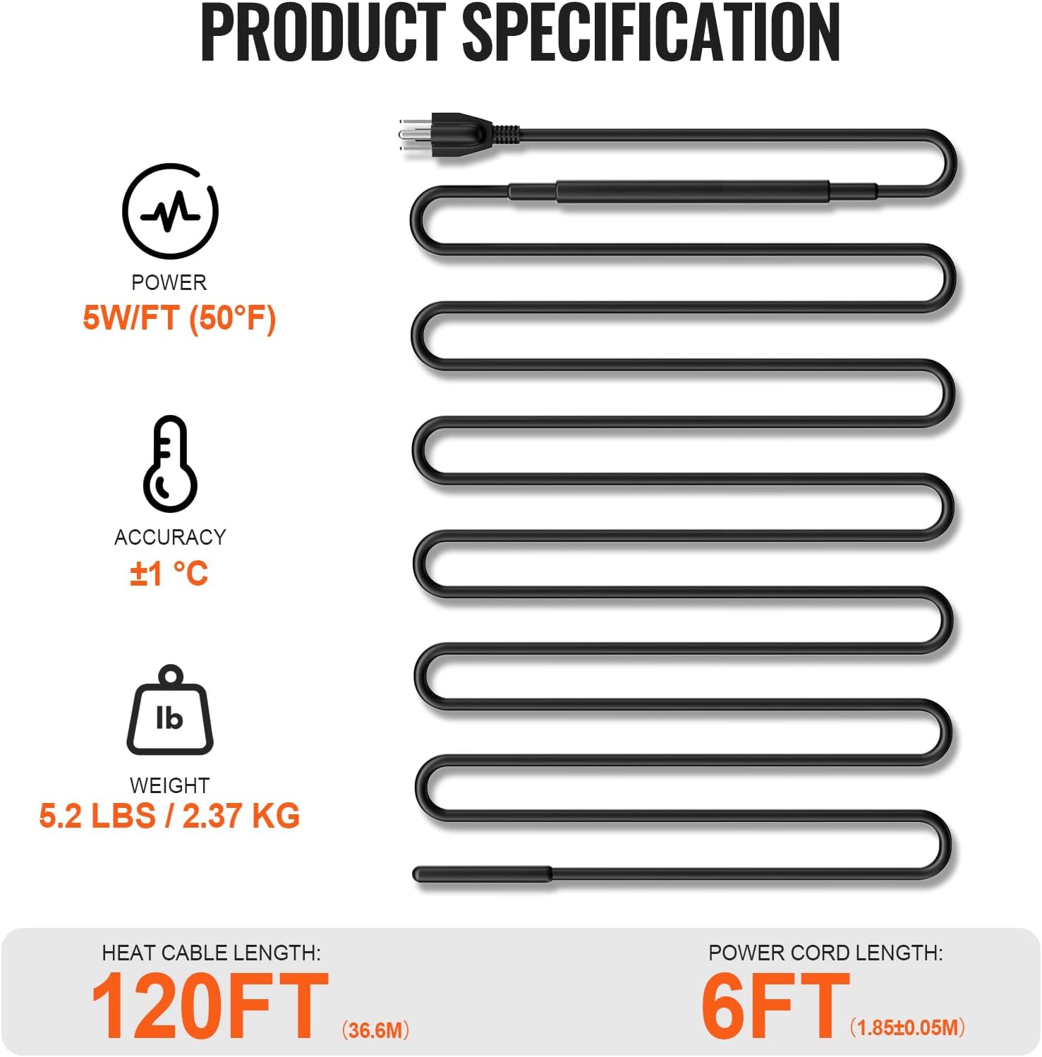 VEVOR Self-Regulating Pipe Heating Cable, 120FT 5W/FT Heat Tape for Pipes, Roof Snow Melting De-icing, Gutter and Pipe Freeze Protection