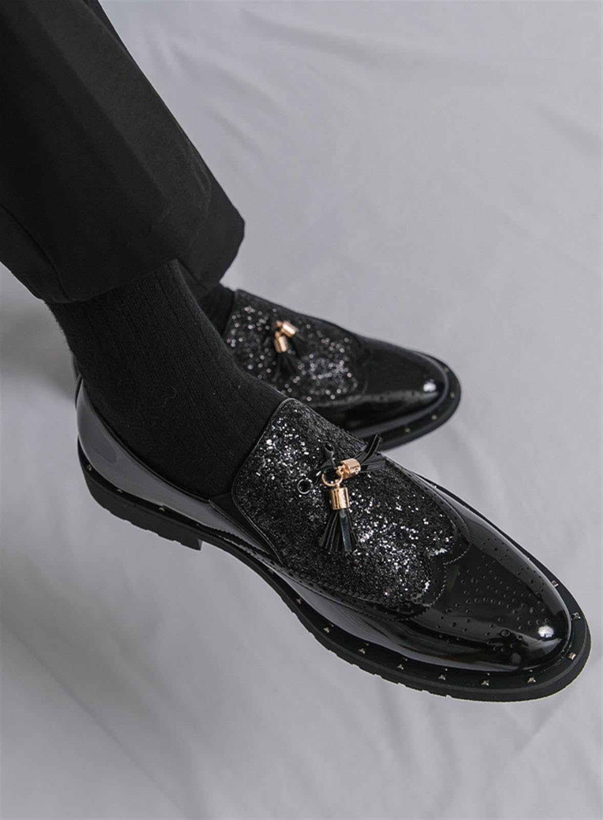 Mocasines de Charol con Purpurina para Hombre Zapatos de Vestir con Borlas Estilo Brogue Brillantes para Boda Fiesta