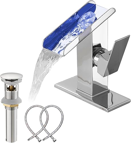 Grifo de lavabo de baño Caño cromado abierto en cascada con luz LED, 3 colores cambiantes, control de temperatura, una manija, un solo agujero,