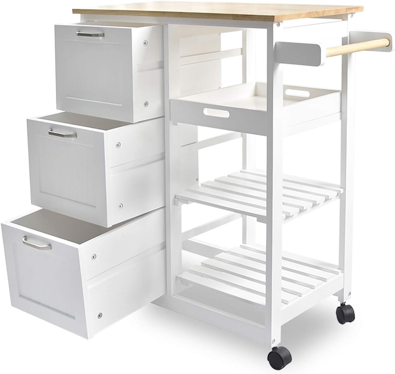 NSdirect Kitchen Island Cart,Industrial Kitchen Bar&Serving Cart Rolling on Wheels Utility Storage Trolley with 3-Tier Wine Rack Shelves&Three Storage Drawers,Soild Rubber Wood Top,White