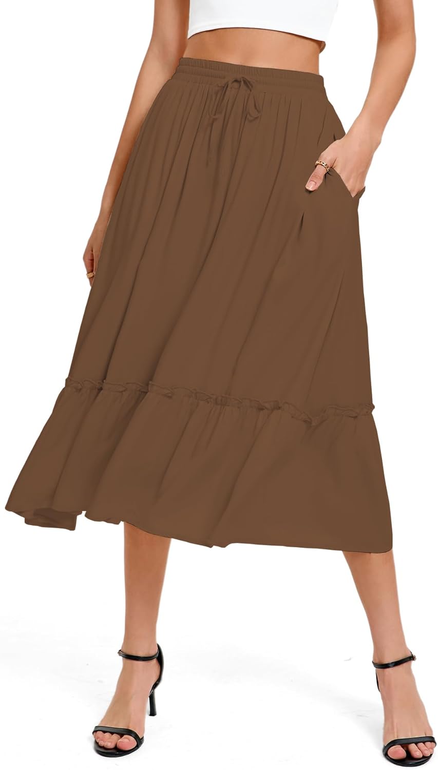 Urban CoCo Women's Elastic Waist Flowy A-Line Midi Long Skirt Below Knee with Pockets - Image 4