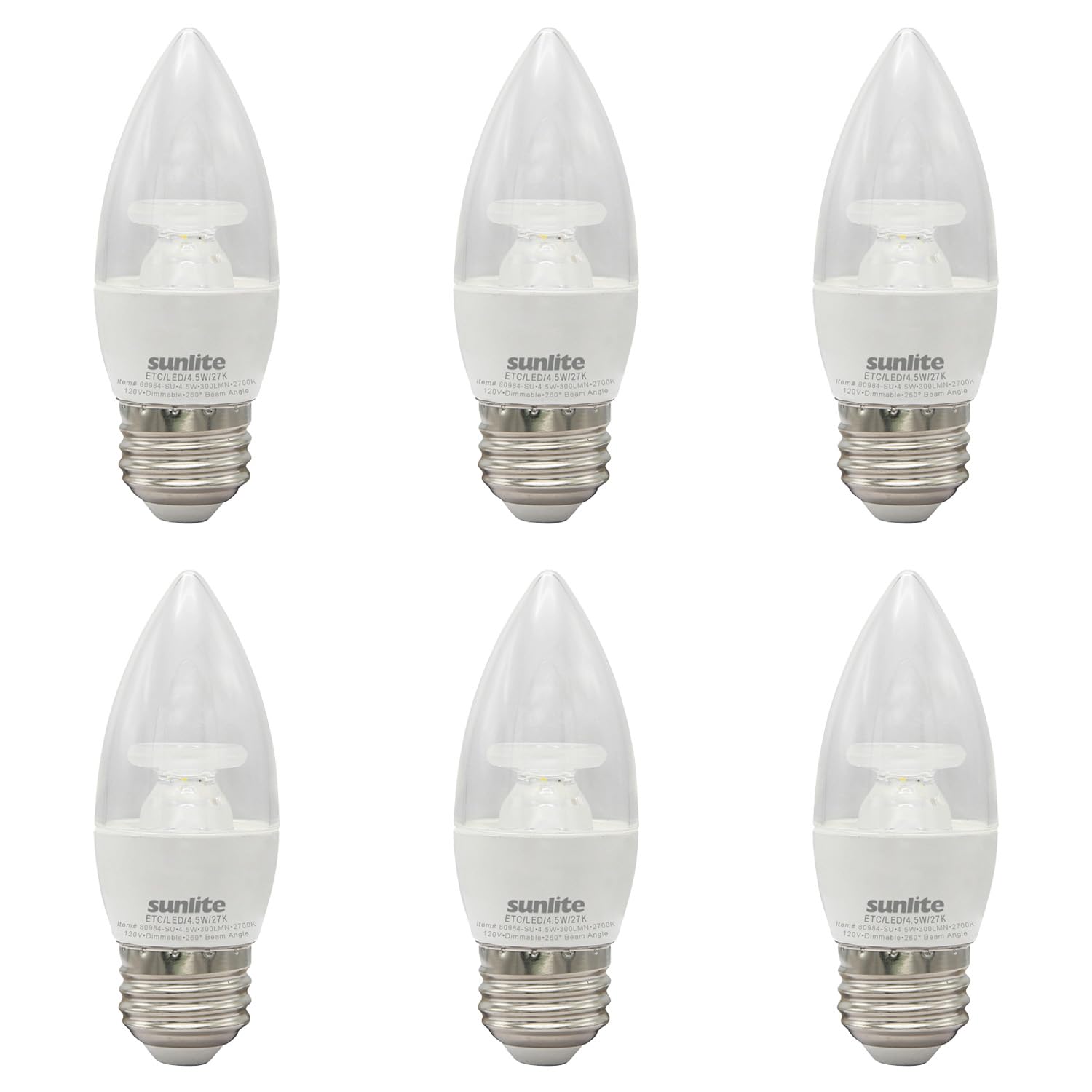 SunliteLED B11 Clear Chandelier Light Bulb, 4.5 Watts (40W=), 300 Lumens, 120 Volts, Dimmable, Medium E26 Base, 90 CRI, ETL Listed, Torpedo Tip, 2700K Soft White, 6 Pack