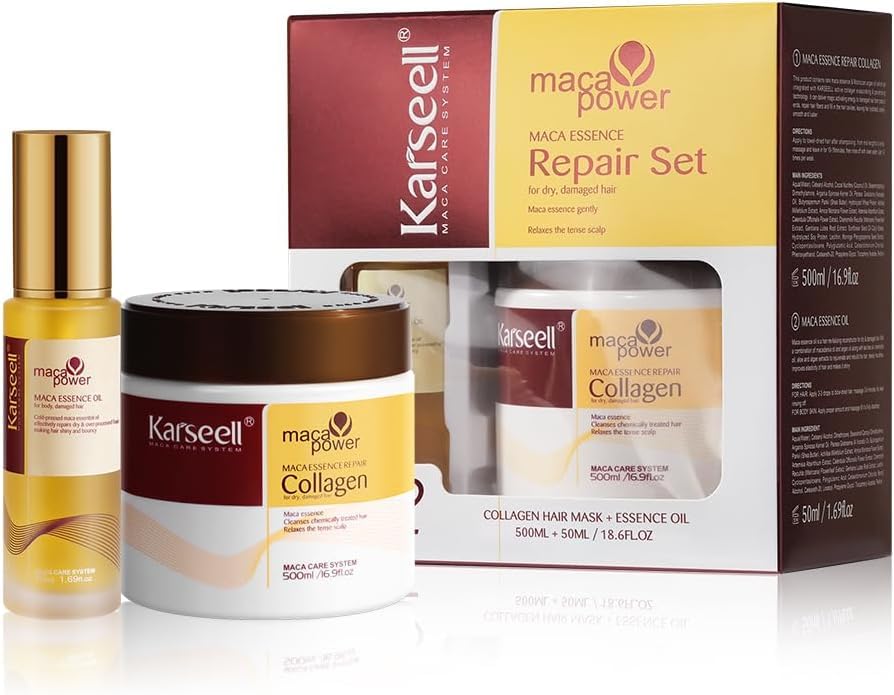 Karseell Maca Essenz Reparatur Set, Kollagen Haarmaske & Haaröl Tiefenreparatur Haarpflege für Trockenes Geschädigtes Haar Alle Haartypen 500ml + 50ml