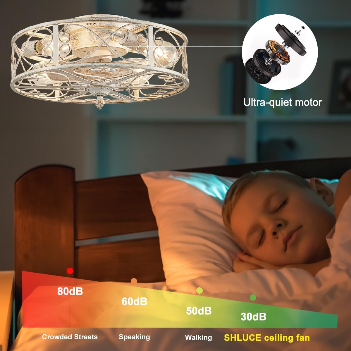 SHLUCE Caged Low Profile Ceiling Fan with Light, Farmhouse Flush Mount Ceiling Fans with Lights and Remote, Rustic Bladeless Small Ceiling Fan with Light for Bedroom, Living Room, White