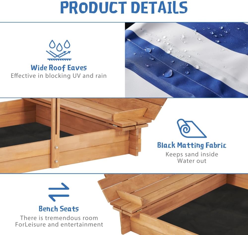 Premium Wooden Outdoor Sand Box with Weather-Resistant Cover and Built-in Seating for Backyard Play Areas (Sandbox with Seat)
