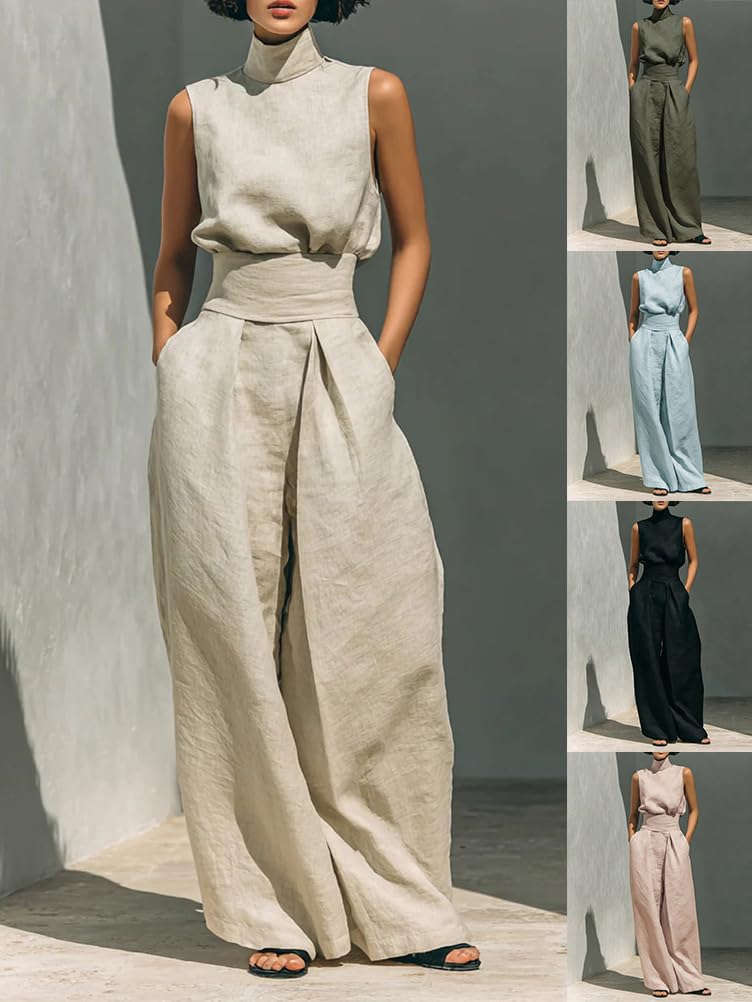 shownicer Ensemble Femme Coton et Lin 2 Pièces Chic et Elegant Tenue sans Manche Débardeurs Et Pantalon Ensembles Ete Décontractée Tenue