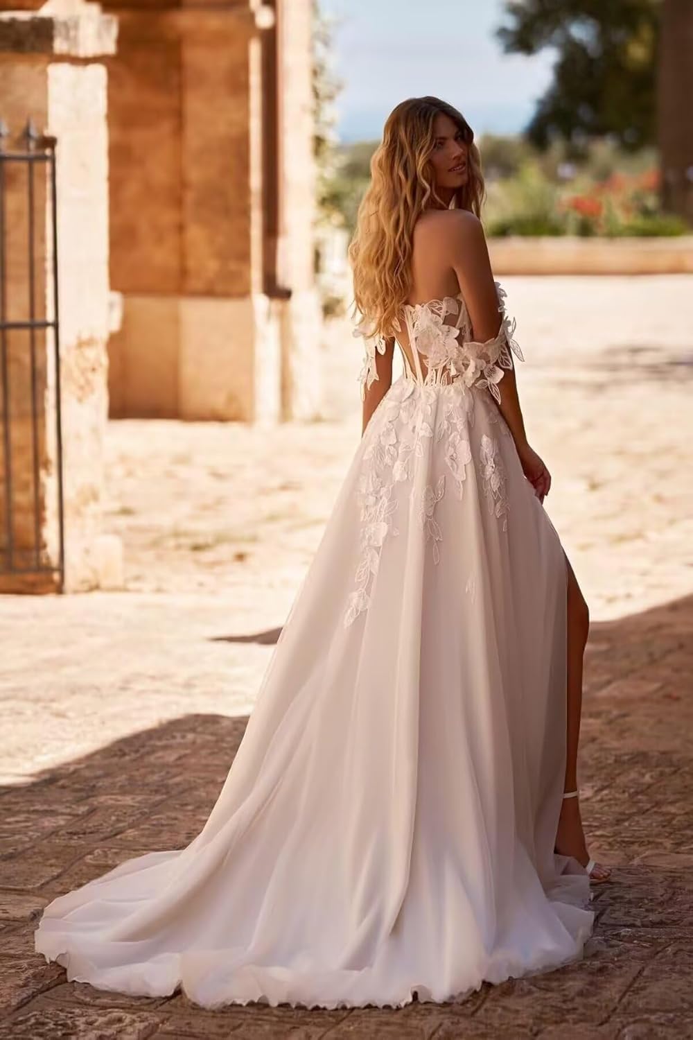 Damen Boho Beach Spitzenapplikationen Brautkleider Lang Braut Hochzeitskleider Prinzessin V-Ausschnitt Standesamt Brautkleid