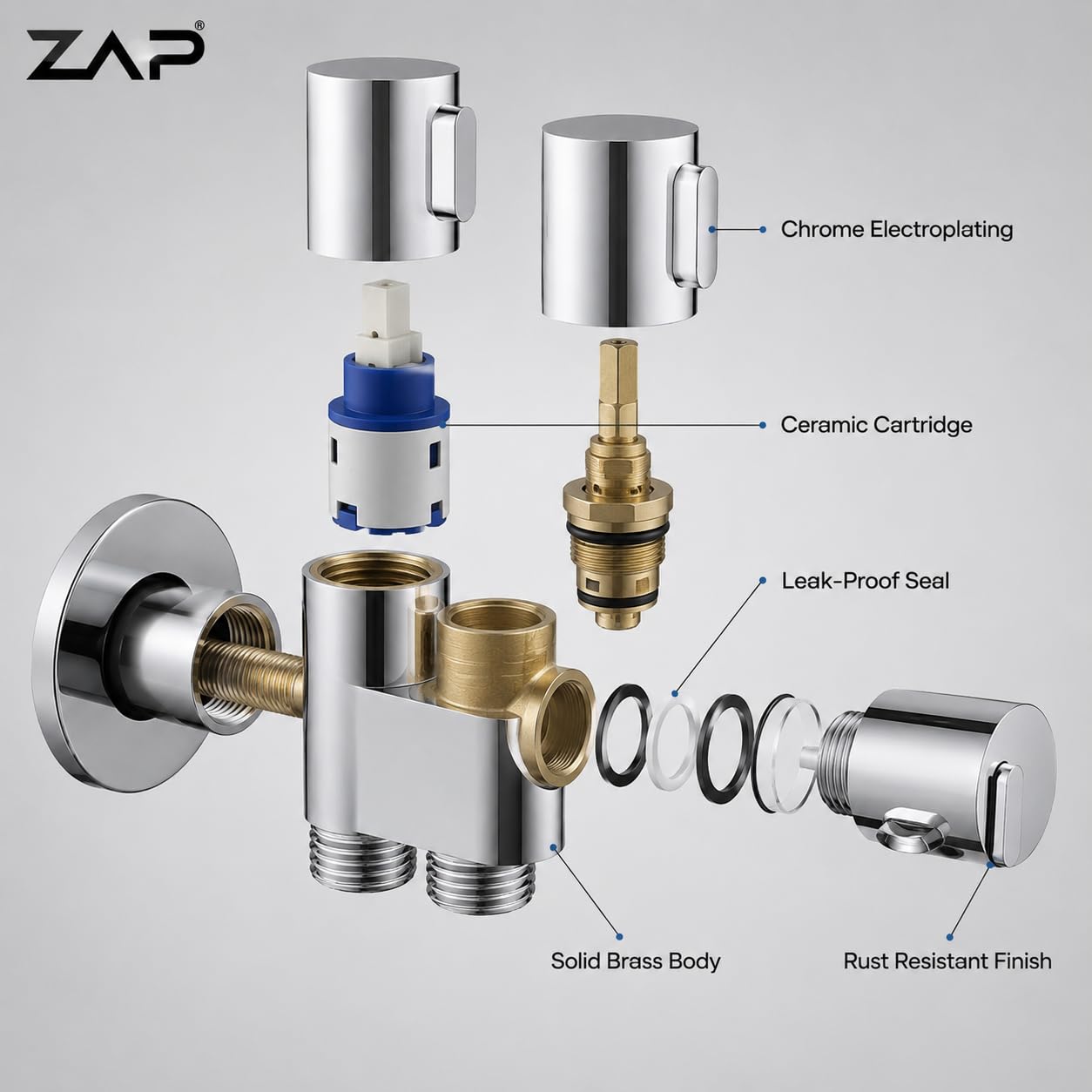 ZAP Brass 2-in-1 Angle Valve for Bathroom | Chrome Plated Dual Outlet Angle Cock with Wall Flange | Stainless Steel 2 Way Bib Tap for Health Faucet, Jet Spray, Wash Basin & Toilet Shower Connection 3