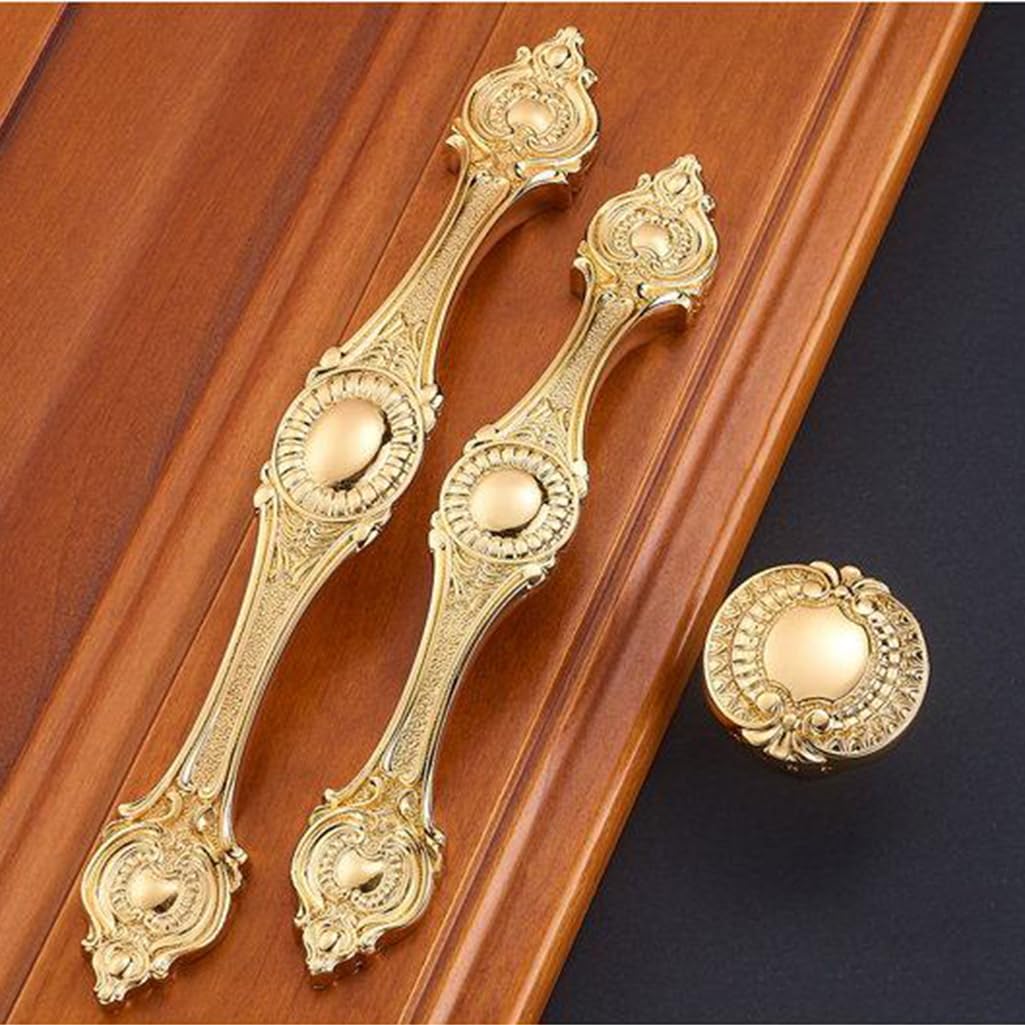 Carved Handles Furniture Knobs 2 Pack Gold Wardrobe Knobs Brass Drawer Handles Solid Forged Kitchen Cabinets Handles with Screws (Single Hole)