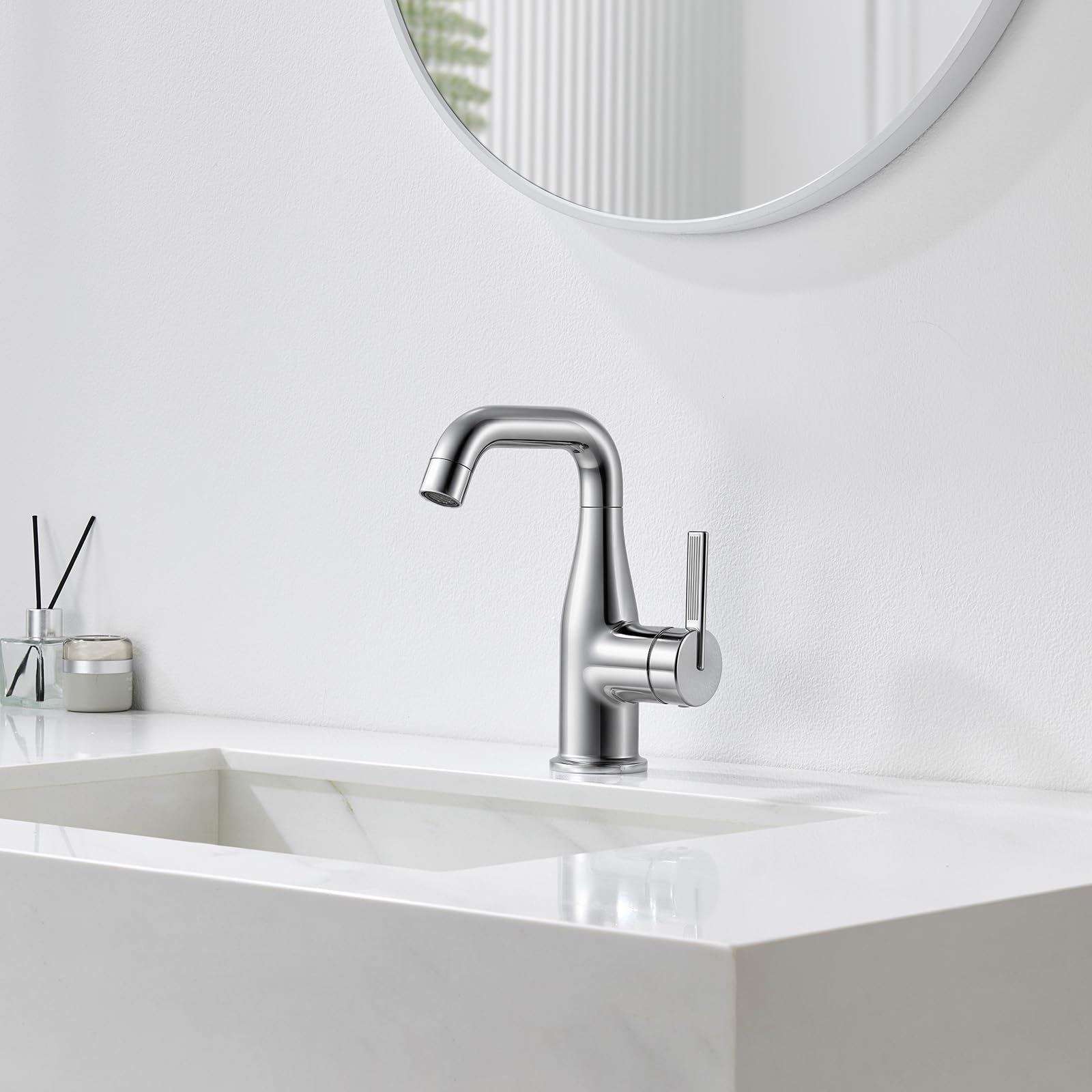 CECIPA Grifo lavabo función arranque frío para lavabos sobre encimera Cromo | Grifo de baño giratorio 360°, ahorro de energía y agua, sin plomo para seguridad, compatible con agua fría y caliente