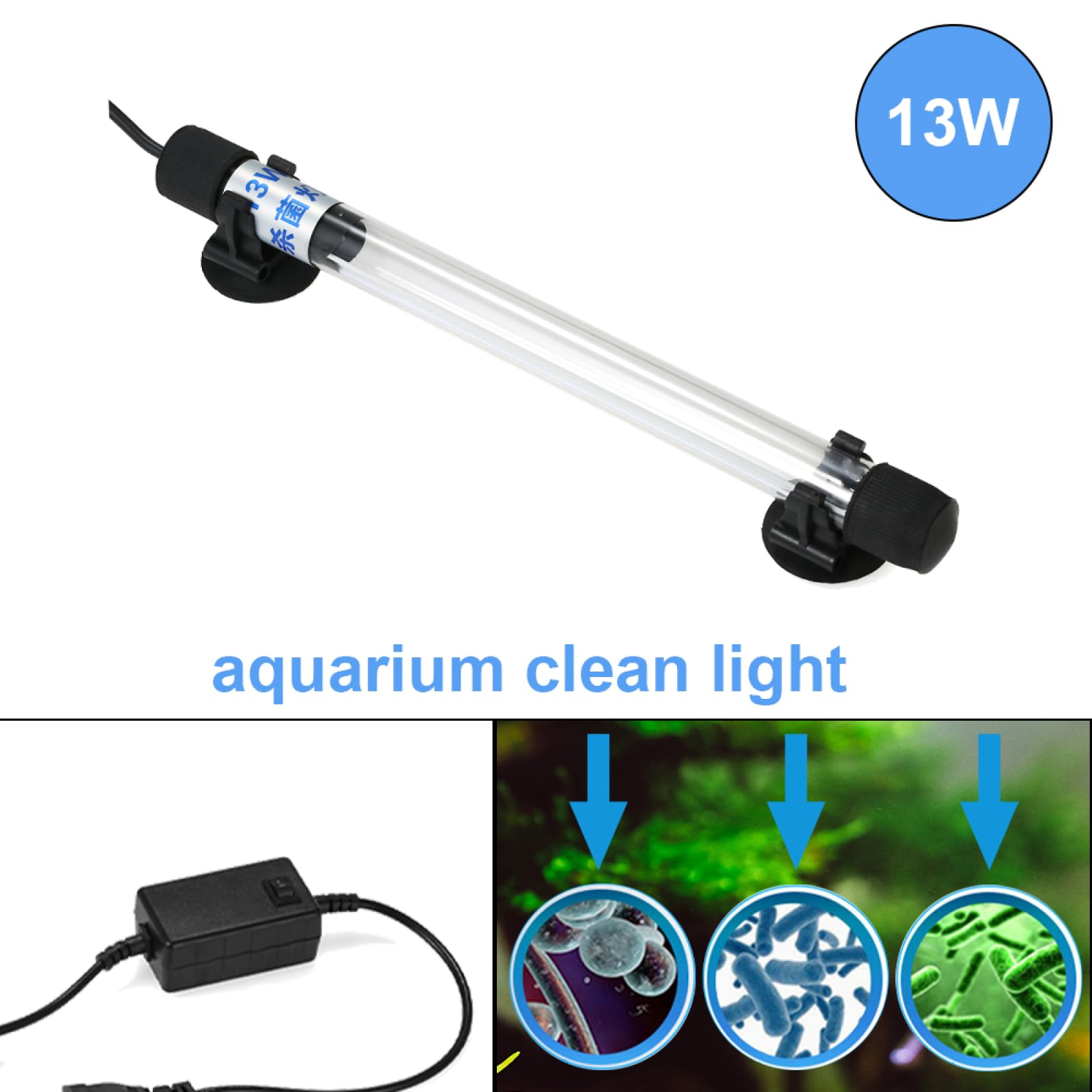 Lampa UV 13 W zanurzalny sterylizator do dezynfekcji wody do akwarium, zbiornika rybnego, stawu AC220-240V