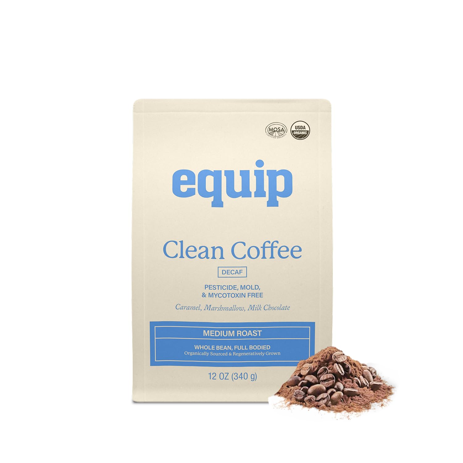 Equip Foods Decaf Clean Coffee | Gold Standard, Certified Organic, Fair Trade, Regenerative | Medium Roast, Whole Bean, Honduras | Caramel+Marshmallow