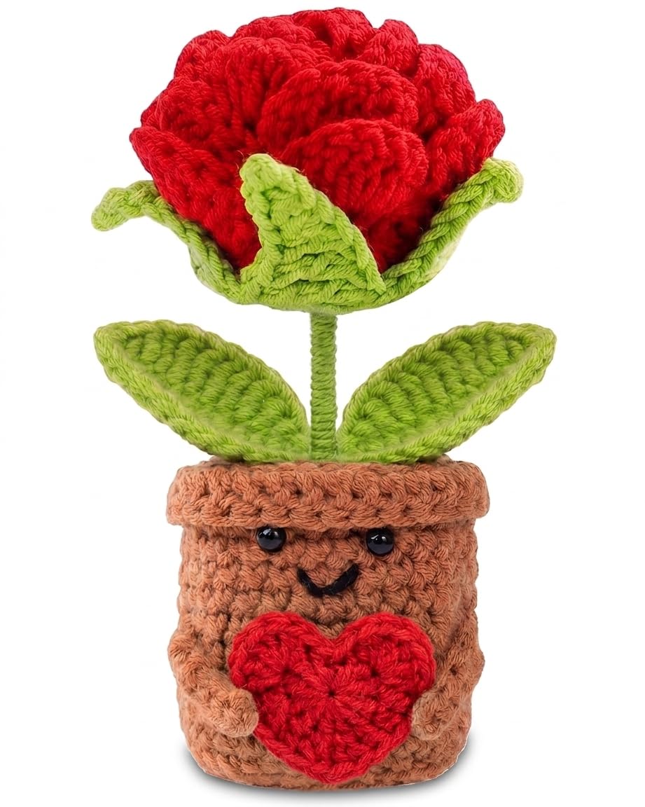 Aruigu Love Heart Crochet Rose Gift, Handmade Knitted Flower Pot with Heartfelt Card, Romantic Keepsake Present for Valentines Day, Mothers Day, Birthday, Cute Decor for Her — image 1